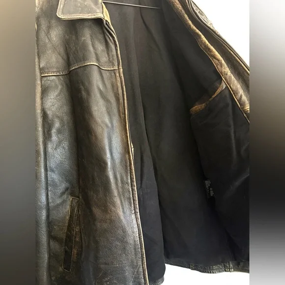 Kenneth Cole New York Men’s L Heavyweight Distressed Brown Leather Jacket Patina